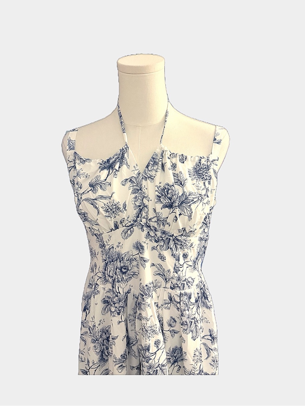 Scarlet Darkness Blue White Floral Toile Halter Midi Dress Size L NWT - Picture 4 of 10
